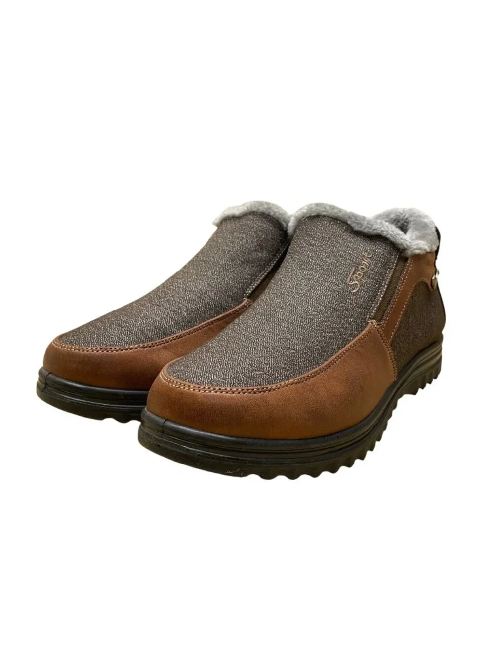 Boxpopla Men’s Brown & Gray Faux Leather Slip-On Winter Boots